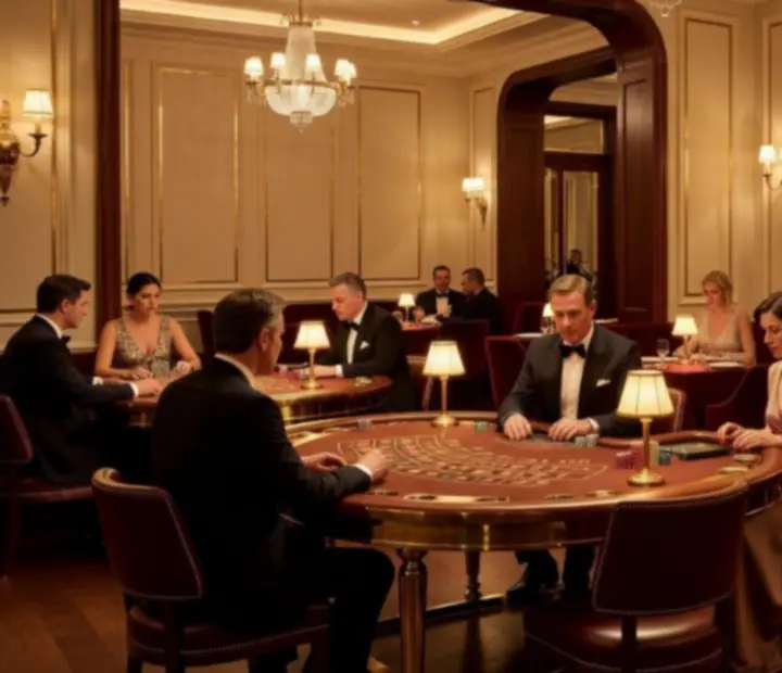 Sun-lit Montreal restaurant dining room opening into an intimate gaming salon with an illuminated roulette table