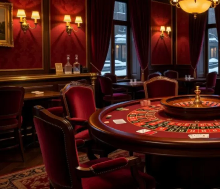 Melzari's discreet gaming salon lounge with roulette and card tables under warm lighting