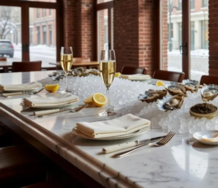 Caviar and raw bar selection presented on ice at Melzari