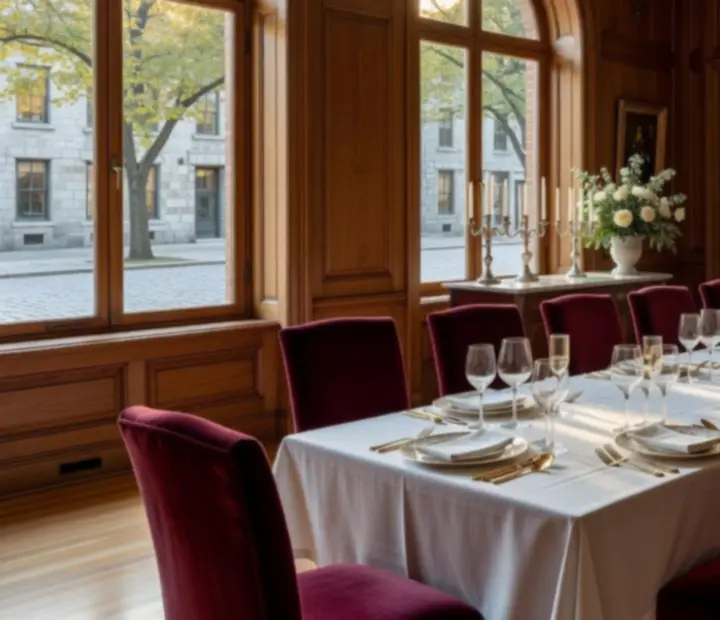 Elegant sun-lit dining room at Melzari set for a private event with linen-dressed tables and soft lighting