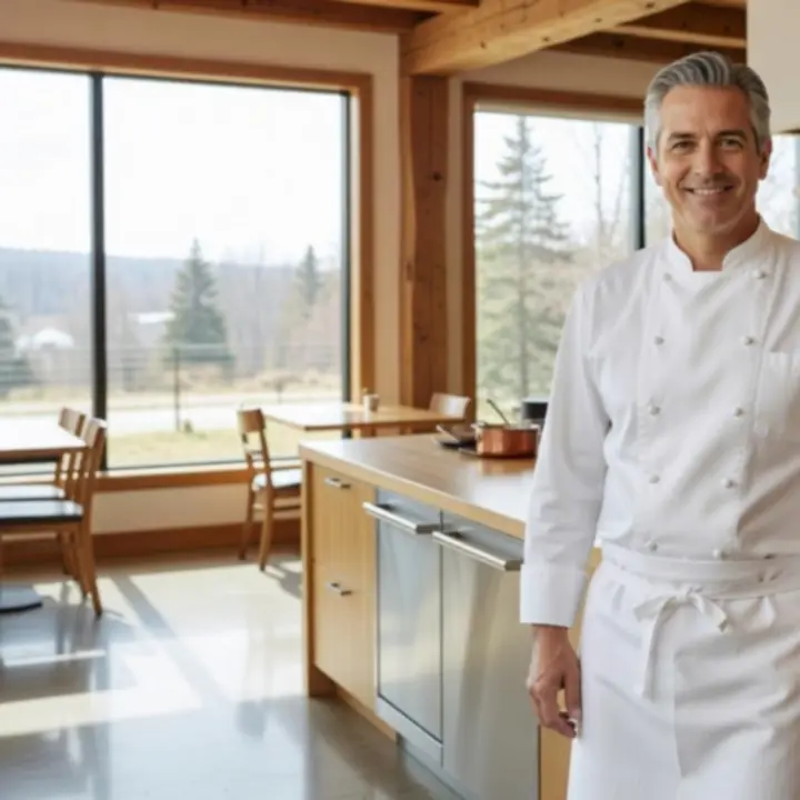 Executive Chef Émile Giroux in Melzari's kitchen plating a refined French-Canadian dish