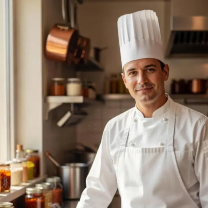 Portrait of Melzari's executive chef in a Montreal kitchen, plating a refined French-Canadian dish.