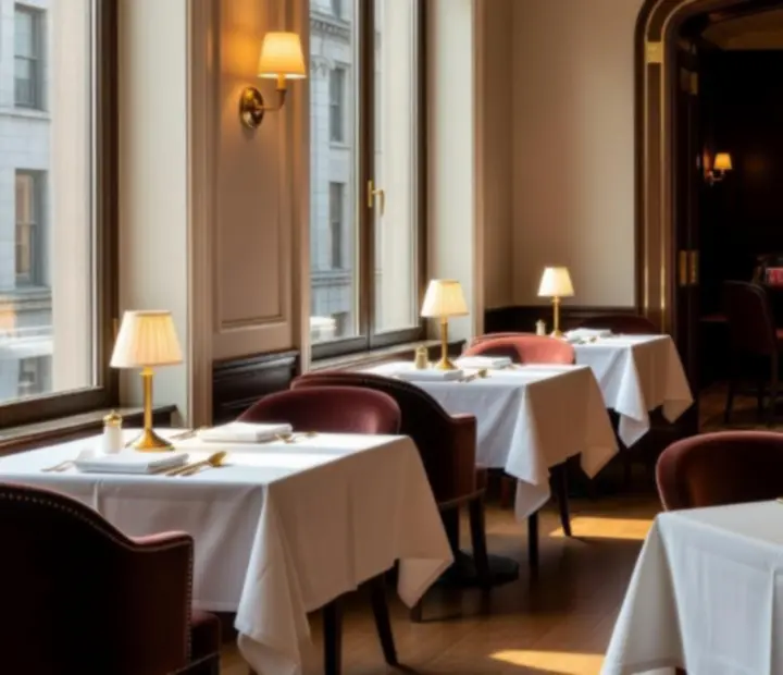 Sun-lit view of Melzari's main dining hall in Montreal with elegant table settings and a glimpse into the adjacent gaming lounge.