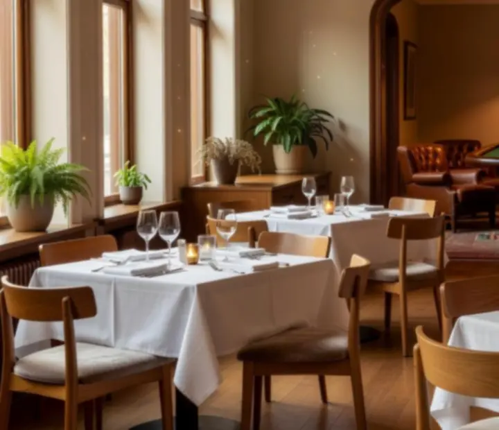 Sun-lit Melzari dining room with linen-dressed tables opening onto an intimate gaming lounge.