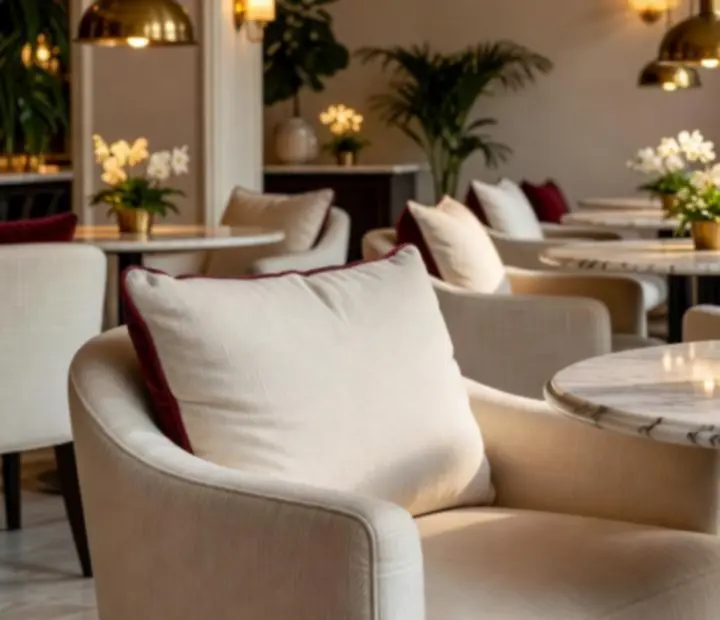 Melzari interior featuring linen-dressed tables, gilded lighting, and a view toward the intimate gaming lounge.