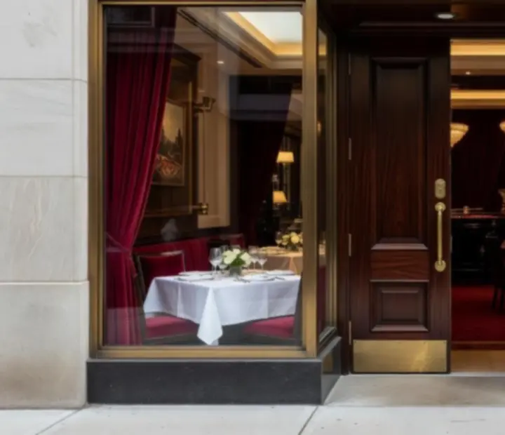 Elegant dining room at Melzari in Montreal set for an evening with a view toward a softly lit gaming salon.