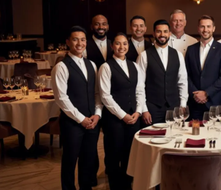 The Melzari team of chefs, sommeliers, and salon hosts gathered in the dining room.