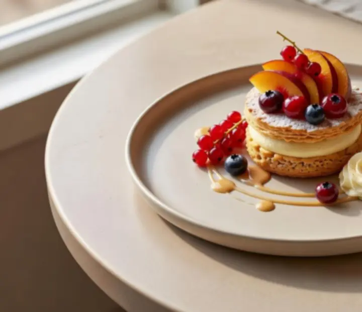 Artfully plated dessert from the Melzari dessert atelier