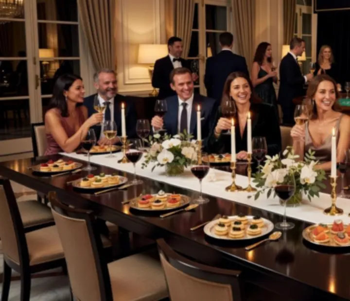 Montreal press event at Melzari with a long table dressed in linen, wine glasses, and a view into the softly lit gaming salon.