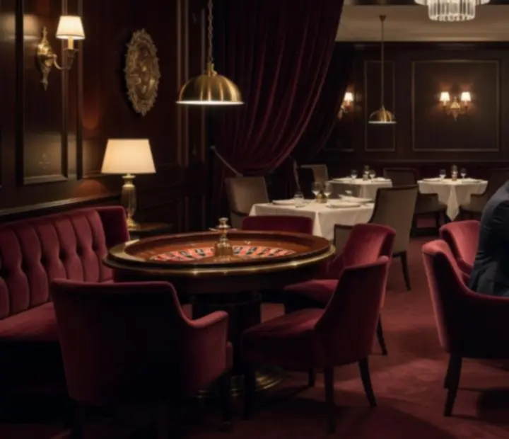 private gaming salon at Melzari featuring a roulette table and plush lounge seating for exclusive events