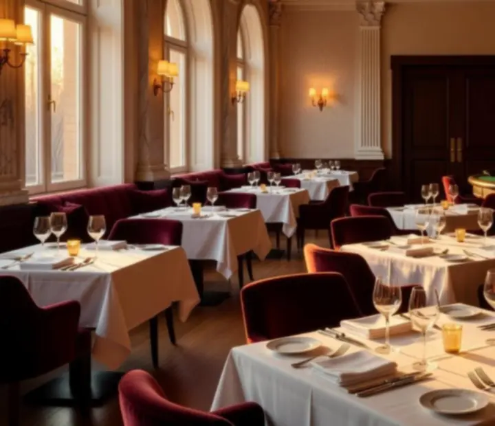 Sun-lit Montreal dining room at Melzari with elegant table settings and a view into an adjacent roulette lounge