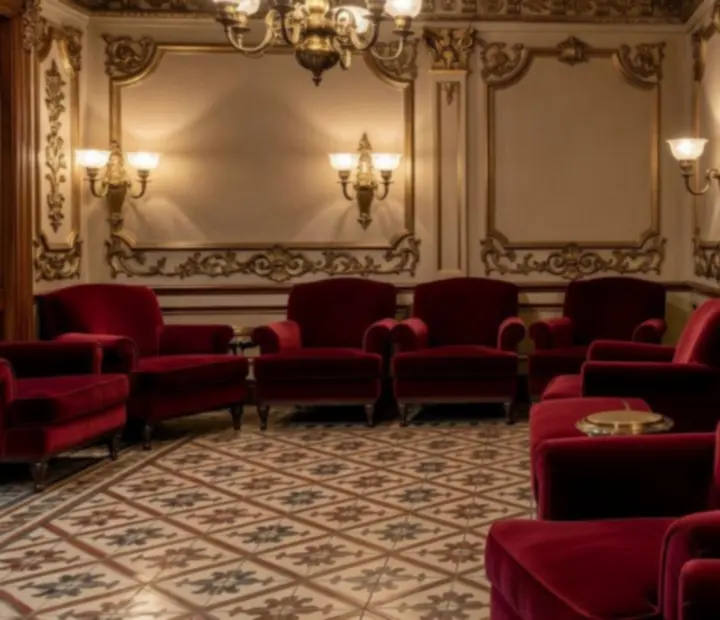 Design detail of Melzari gaming salon with brass fixtures and burgundy velvet upholstery inspired by Montreal Art Deco