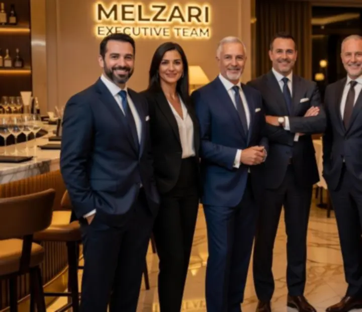 Melzari leadership and senior staff standing together inside the Montreal dining room