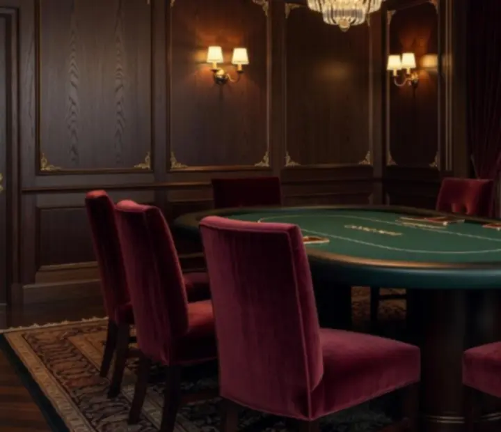 VIP private gaming salon room with burgundy velvet chairs, brass fixtures, and an intimate gaming table